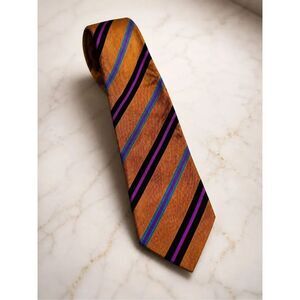 Bijan Silk Repp Stripe Tie Gold Orange Purple Blue Luxury Designer Necktie Made